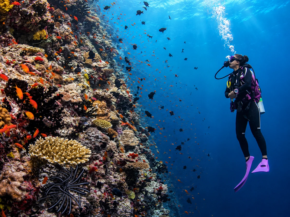 Diver exploring a dramatic coral wall