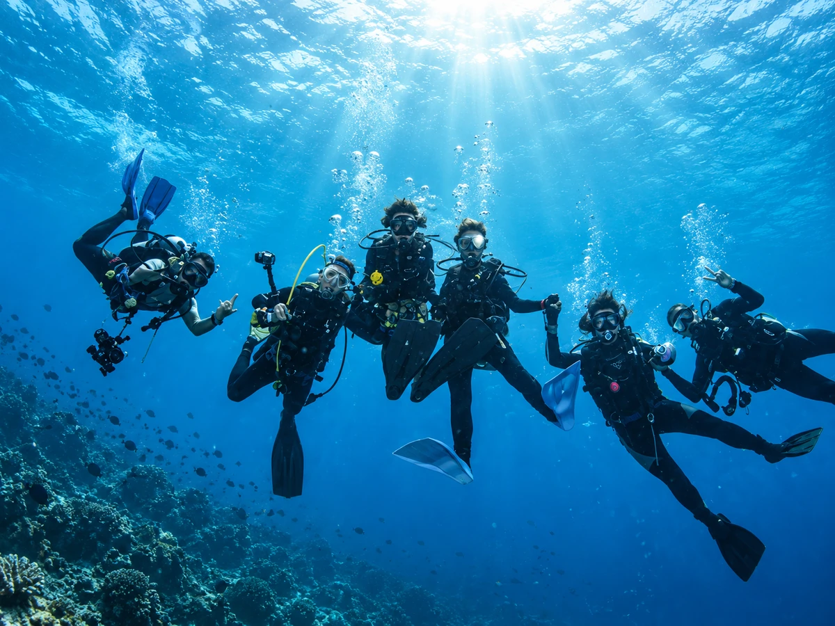 Group of divers underwater during a multi-day Maldives diving trip