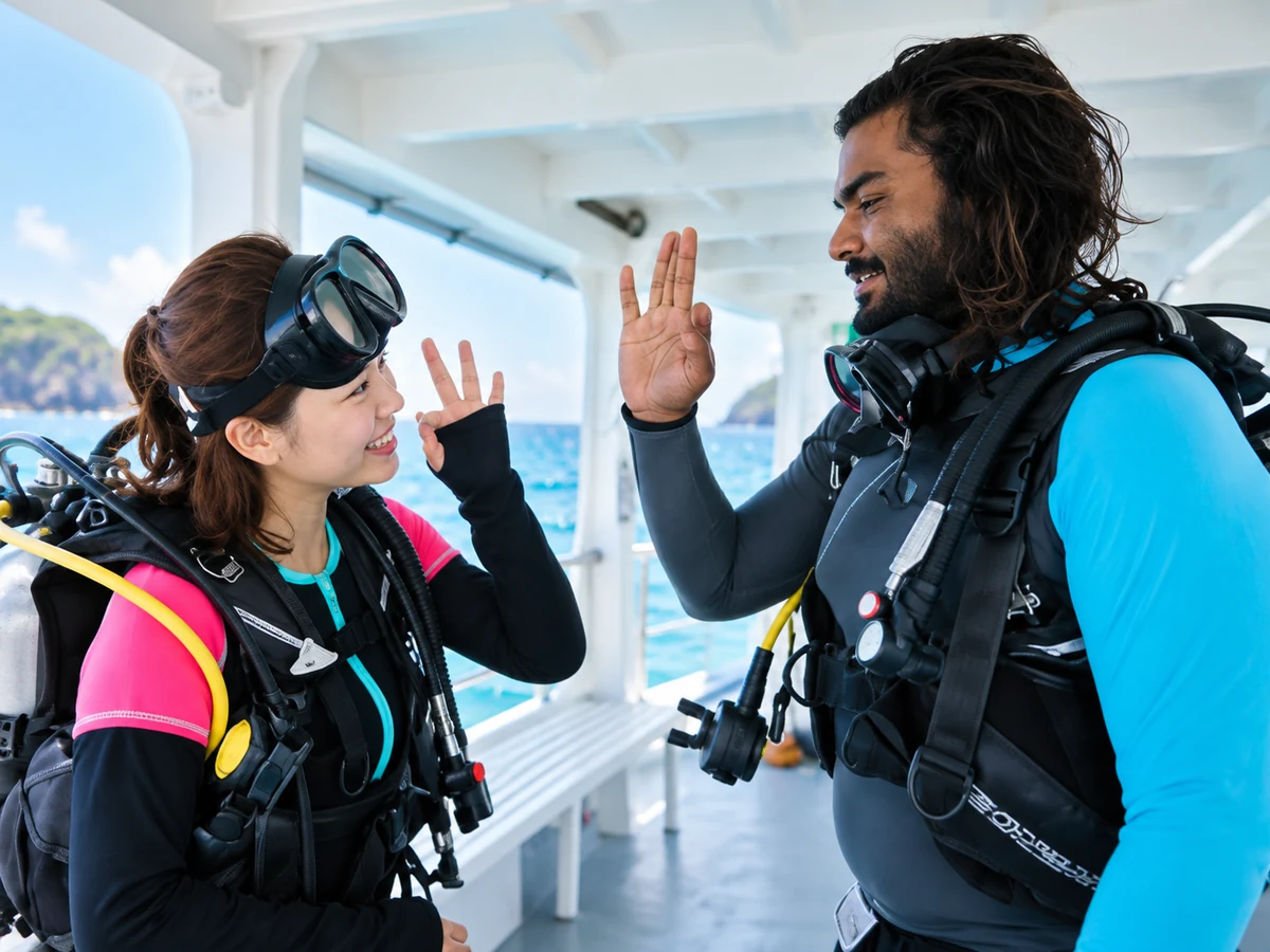 Beginner diver with instructor before a first scuba experience